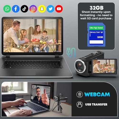 Gcasio 2.7K Video Camera Camcorder QHD 56MP YouTube Vlogging Camera Webcam 16X Digital Zoom with 32G SD Card 270 Degree Rotation Screen Camcorders and 2 Batteries Recording While Charging 7