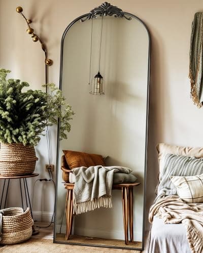 Antok Arched Full Length Mirror, 64"21" Floor Freestanding With Carved Metal Frame, Traditional Vintage Ornate Baroque, Full Body for Home Decor, Hanging Mounted, Black