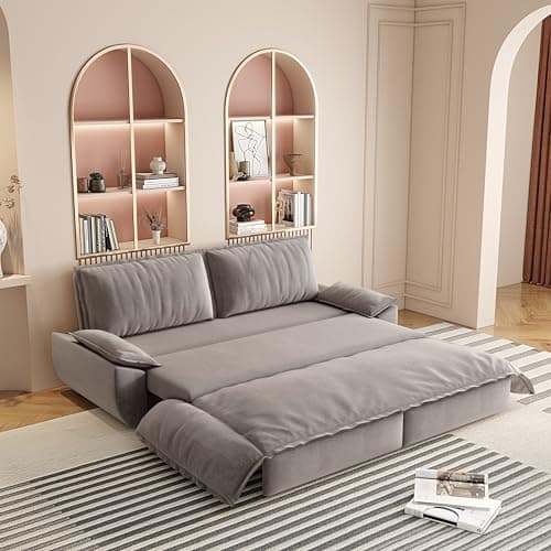 Luxyhoom 73.2" Sleeper Sofa Bed Queen Size, 3-in-1 Convertible Couch, Modern Pull Out Couches, Comfy Velvet Futon Sofa, Cloud Loveseat Lounge, Pillow Arm for Small Spaces, Living Room, Apartment, Grey