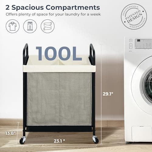 STO STO Laundry Hamper 2 Section, 100L Rolling Laundry Sorter Cart with Removable and Washable Liner Bag, Clothes Hamper with Wheels and Metal Handle for Laundry Room and Bedroom 6