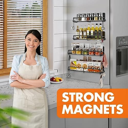 SUNALLY Magnetic Spice Rack for Refrigerator, 4 Pack Magnetic Fridge Shelf with Hooks, Spice Organizer Shelf for Kitchen Organization and Storage, Seasoning Organizer Gadgets for Metal Surface 7