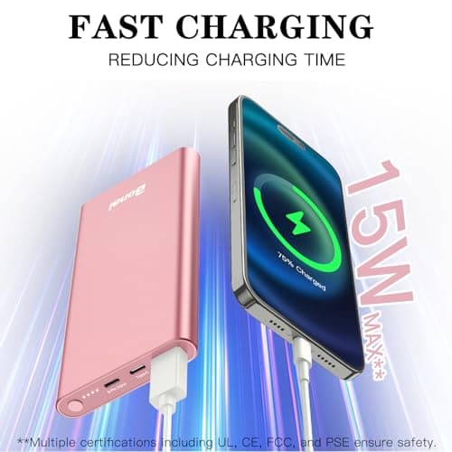 BONAI Portable Charger 12,000mAh 5V/3A Fast Charging Power Bank, Dural Input & Output Ports (USB-C in & Out) Portable Phone Charger for iPhone 17/16/15/14/13/12 Series Galxy Android iPad etc- Pink 2