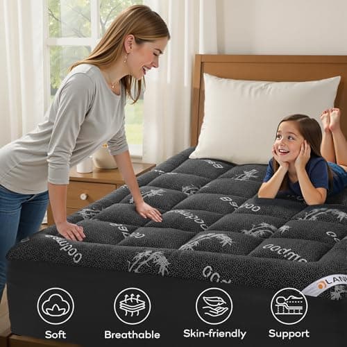 OLANLY King Mattress Topper – Viscose Made from Bamboo, Cooling Soft King Pillow Top Mattress Pad for Back Pain Relief, Plush Down Alternative Fill Bed Topper with Elastic Deep Pocket, Dark Gray 8