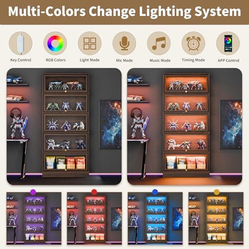 BONITURE Display Cabinet with Acrylic Glass Doors,5-Tiers Curio Cabinet with LED Lighting for Collectibles, Collectibles Toy Organizers Rack & Display Shelf Display Case Storage Cabinet, Walnut 5