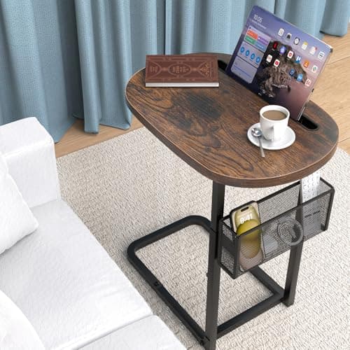 Fashion TV Tray Table with Large Tabletop, Adjustable Sofa Table with Storage Baskets, Strong Metal Frame, Tv Dinner Tray Table for TV Watching, Meals, Snacks (Oval, Brown, 16.93inch x 12.6inch)