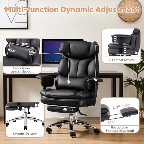Sweetcrispy Executive Home Office Desk Chair Ergonomic Big Tall High Back with Footrest & Lumbar Support, Reclining Height Adjustable Comfy PU Leather Computer Gaming with Swivel Wheels, Black 6