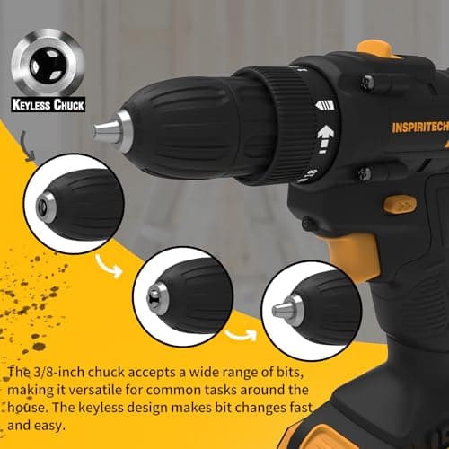 INSPIRITECH 21V Cordless Drill with 2 Batteries and Charger,3/8-Inch Keyless Chuck Power Drill Set,2 Variable Speed Electric ScrewDriver, 19 Torque Setting with Drill/Driver Bits 6