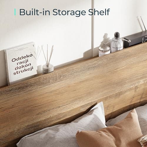LINSY Full Size Bed Frame Wood with Ergonomic Headboard, Bed Frame Full with Storage Shelf, Noise-Free, No Box Spring Needed - Brown 5