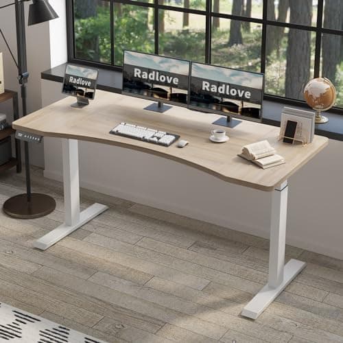 Radlove Dual Motors Height Adjustable 63 x 30'' Electric Standing Desk with Curved Design Stand Up Table 4 Memory Keys, Computer Desk with Splice Board Home Office Desk, Oak Top + White Frame