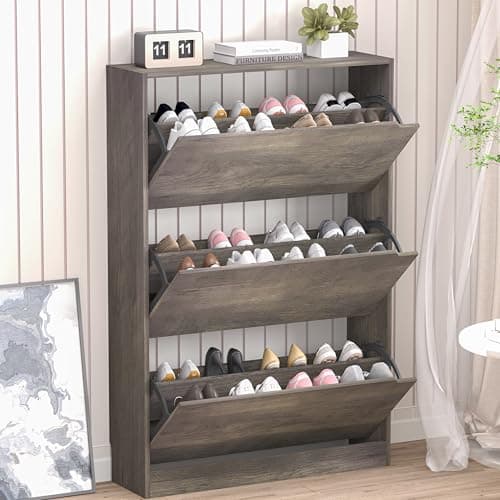 BORNOON Shoe Cabinet with 3 Flip Drawers, Hidden Wood Shoe Cabinet,Freestanding Shoe Storage Cabinet for Entryway Hallway