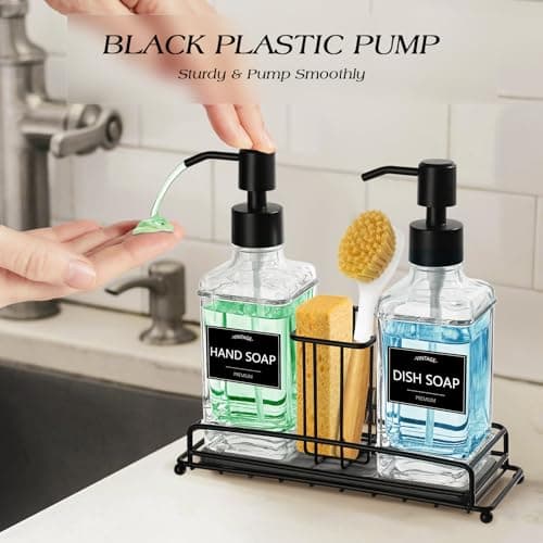VIMERPA Kitchen Soap Dispenser Set,Kitchen Soap Dispenser with Sponge Holder,Hand and Dish Dispenser Set,Instant Dry Tray, Clear 5
