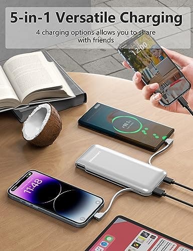 Metecsmart Portable Charger Power Bank with Built-in Cable & AC Plug, 10000mAh Fast USB-C Charger, Slim Mini Battery for iPhone 16/15/14/13/Pro/Max & All USB-C Devices 5