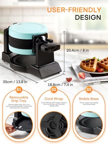 Waffle Maker, 1400W Double Belgian Waffle Iron 180° Flip, 8 Slices in 3 Mins, Rotating & Nonstick Plates, Anti-Scald, Removable Drip Tray Easy to Clean, Cool Touch Handle, Space-Saving (Mint Blue) 6