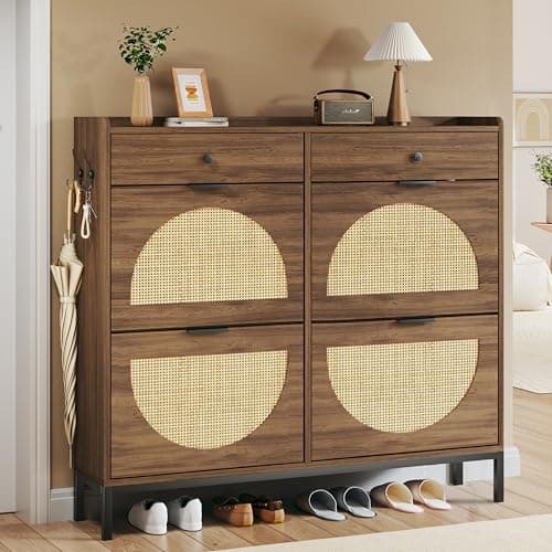 HUAHUU Rattan Shoe Cabinet with 4 Flip Drawers, Storage Cabinets with Adjustable Shelves, Narrow Shoe Cabinet with Metal Legs & Handles for Entryway, Hallway, Organizer, Rustic Oak Rattan