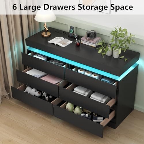 Gyfimoie 6 Drawer Dresser with Power Outlet, Dresser with LED Light, Modern Chest of Drawers for Closet, Double Wide Drawer Organizer Cabinet for Bedroom, Living Room (Black, 6 Drawers) 5