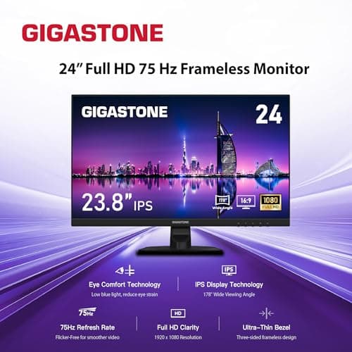 Gigastone 24 inch IPS LED Back Light Monitor 2-Pack 75Hz FHD 1920 x 1080, 178° Wide View Frameless, Dual Monitor, 5ms, Built-in Speakers, Eye Care Technology, Ergonomic Tilt VESA Mount, HDMI VGA 2