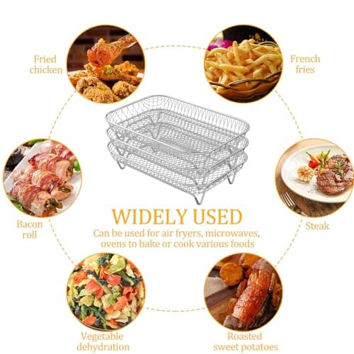 Abizarch Air Fryer Rack Accessories for Ninja Dual Basket, 3 Layers, 304 Stainless Steel Stackable Bacon Air Fryer Accessories for Ninja AF300UK, Salter/Instant/EMtronics, with Clip 9