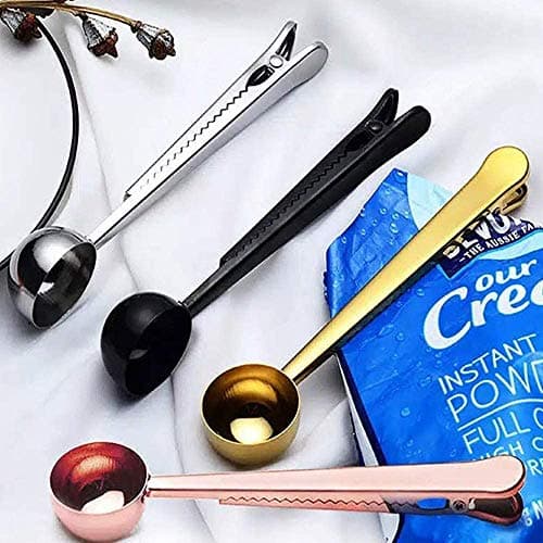 Set of 5 Coffee Scoop Clip,2-in-1 Stainless Steel Coffee Measuring Spoon with Sealing Clips, Kitchen Craft Long Handle Spoon Bag Clip for Coffee, Milk Powder, Oatmeal, Tea,Spices -Multicolor 5