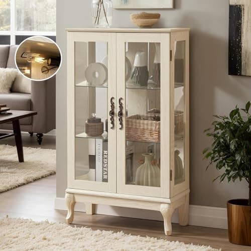 44" Small Lighted Glass Accent Curio Cabinet, Vintage China Cage with 2 Tempered Glass Doors & Adjustable Shelves, Acrylic Pane, Elegant Wine Artwork Showcase Rack for Living Room (Antique White)