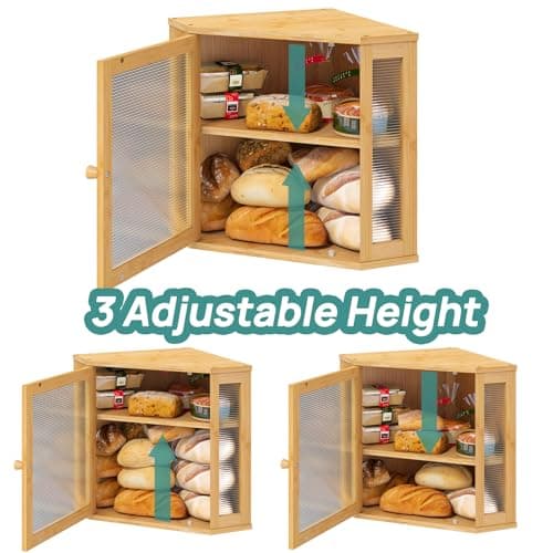 viewcare Corner Bread Box for Kitchen Counter, Bamboo Wood Large Capacity Bread Storage Bin with Acrylic Wavy Door Panel (Natural, Meduim) 8