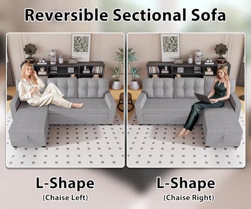 Wakefit Reversible Sectional Sofa Couch, Sleeper Sofa Bed with Storage Chaise Pull Out Couch for Living Room | Hidden Stroge | Pull Out Bed | Removable Backrest | Linen Fabric, Light Grey 6