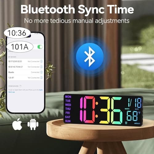 YISILE 13" Digital Wall Clock with Night Light,8 RGB Color,Dual Alarms with Large Display, Dimmer, Auto DST, Voice Control, Auto Time Sync,Remote Control for Living Room Bedroom,Gift for All Ages 5