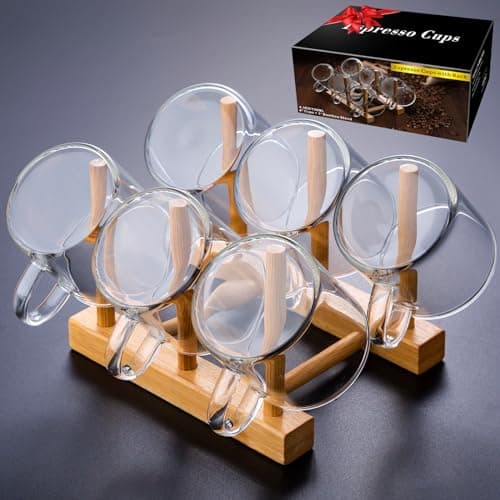 PARACITY Espresso Cups Set Of 6 with Bamboo Stand, Insulated Espresso Accessories 4.3 OZ, High Borosilicate Espresso Shot Glass, Clear Glass Expresso Coffee Cup with Handle, Small Tea Cups