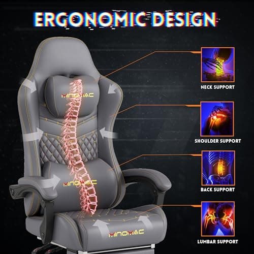 MINOMAC Gaming Chair,Ergonomic Computer Gaming Chair,400lb Load-Bearing,Retractable Footrest/Waist Support/Ergonomic Backrest[Spring + 4D Sponge] (Grey) 7