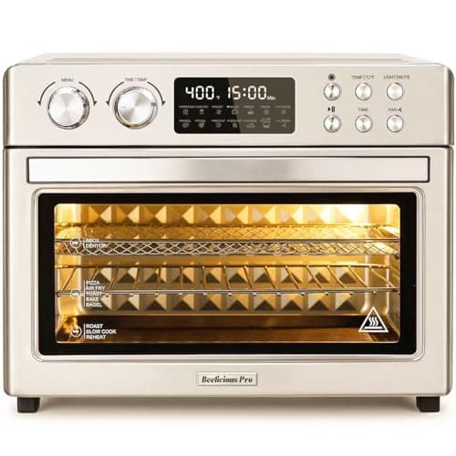 28QT Air Fryer Toaster Oven Combo, Large 12-in-1 Convection Countertop Oven with 3-Layer Cooking, Rotisserie for Chicken, 6 Heating Tubes, Fast Preheat, Fit 11" Pizza, All Accessories, Silver-Gold
