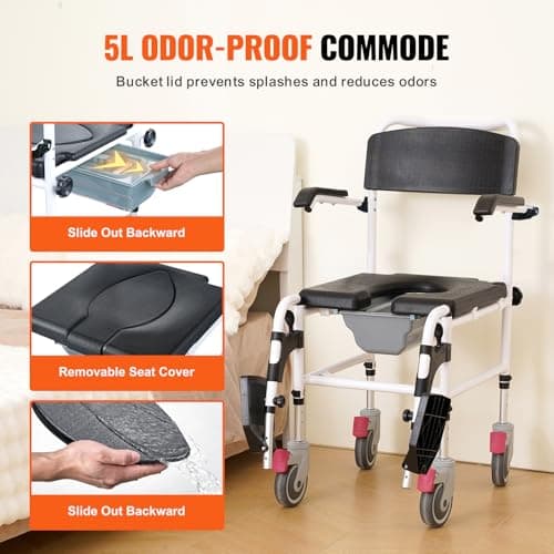 VEVOR Shower Commode Wheelchair with 4 Lockable Wheels, Footrests, Flip-up Arms, 3-Level Adjustable Height, 5L Removable Bucket, 350 LBS Capacity, Commode Chair for Adults Seniors 6