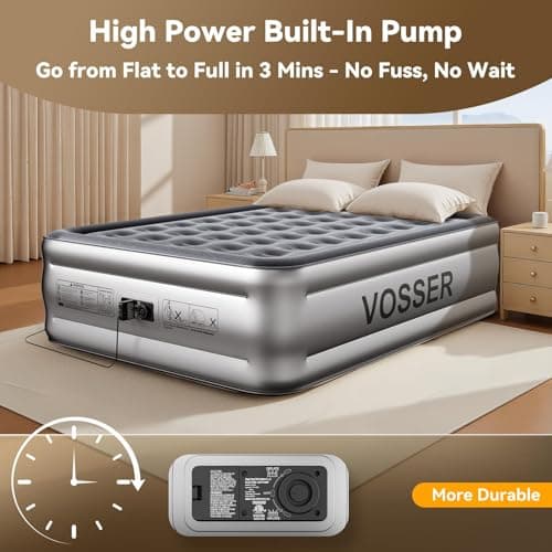VOSSER Air Mattress Queen with Built in Pump,Blow Up Mattress in 3 Mins,18'' Raised Self Inflatable Mattress,Portable Airbed for Home,Floor&Travel,Queen Size Air Matress for Adults,660LB Max,Silver 8