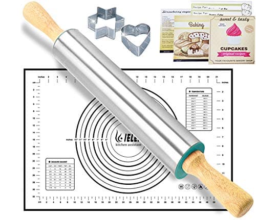 Rolling Pin Nonstick and Silicone Baking Pastry Mat Combo Kit Dough Rollers for Baking Pasta,Cookie Dough,Pastry,Bakery,Pizza
