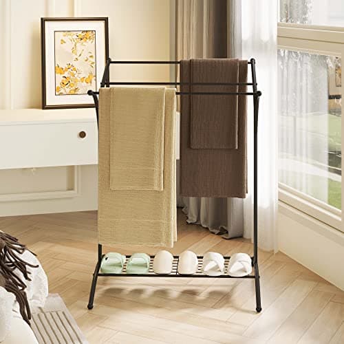 JOIN IRON Freestanding Towel Rack, 3 Hanging Black Metal Towel Bars for Bathroom Accessories Organizer for Bath Storage & Hand Towels, Washcloths,Towel Rack Stand(Black) 5