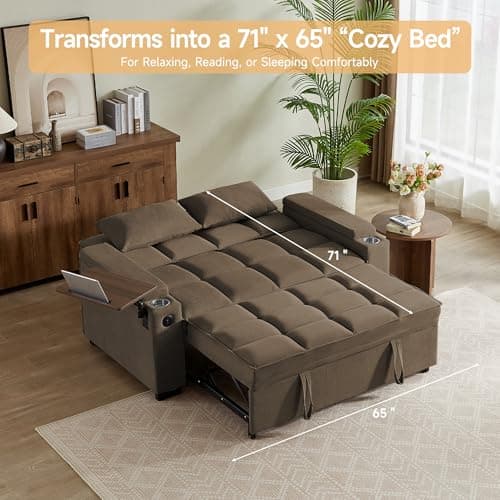 hansones 65'' 3-in-1 Folding Convertible Sofa Bed, Pullout Sofa, Modern Chenille Fabric, 360° Swivel Side Table, Easy Assembly, Perfect for Living Room(ZY-1107A-Brown) 5