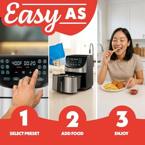Gourmia Air Fryer - 8 Qt Extra Large Capacity, FryForce360º, Digital Display with 12 Presets, Roast, Bake, Broil, Dehydrate, Dishwasher Safe Accessories, Stainless Steel 10