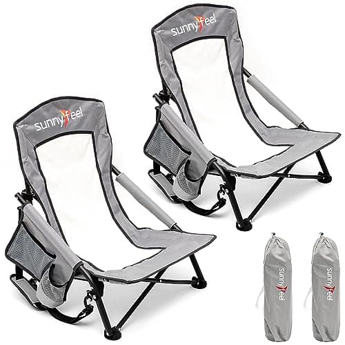SUNNYFEEL Folding Low Camping Beach Chair 2 Pack, Lightweight Portable Lawn Chair with Mesh Back, Cup Holder for Outdoor/Travel/Picnic/Concert, Foldable Camp Backpack Chair with Carry Bag