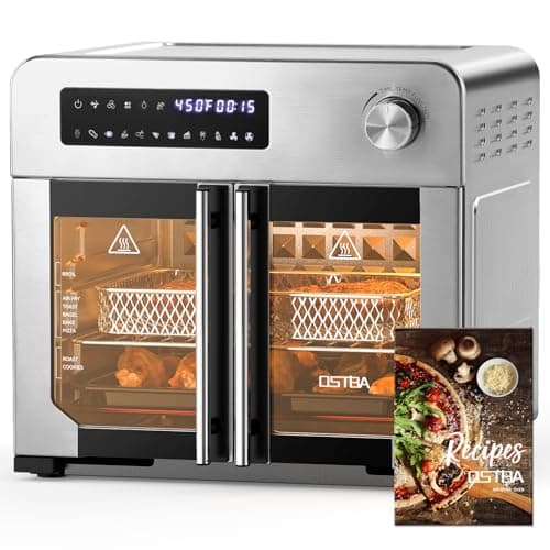 OSTBA French Door Air Fryer Toaster Oven Combo, 102 Recipes & 7 Accessories Extra Large Airfryer Convection Oven Countertop 10-in-1, 30% Faster 90% Less Oil, Stainless Steel