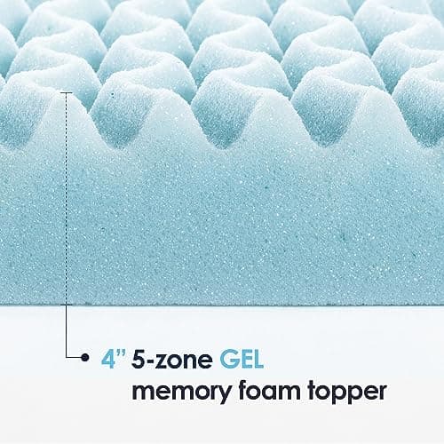 Mellow 4 Inch 5-Zone Memory Foam Mattress Topper, Cooling Gel Infusion, Dorm Essentials, Queen Blue 6