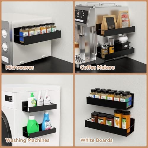 Boswillon 2 Pack Magnetic Spice Rack for Refrigerator, Moveable Seasoning Spice Organizer for Fridge and Microwave Oven, Strong Magnet Metal Black Shelves for Kitchen Storage Organization - Black 7