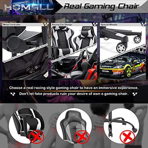 Homall Gaming Chair, Office Chair High Back Computer Chair Leather Desk Chair Racing Executive Ergonomic Adjustable Swivel Task Chair with Headrest and Lumbar Support (White) 8