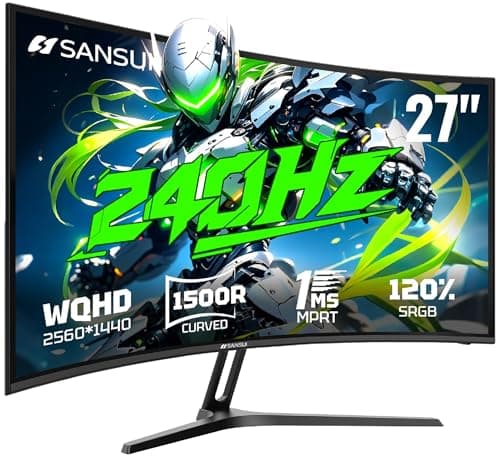 SANSUI 27 Inch Curved Gaming Monitor 240Hz, 2K WQHD 1500R Curved Computer Monitor, 120% sRGB, MPRT 1ms, Freesync, HDR, HDMI*2, DP1.4 * 2,VESA(100 * 100mm)