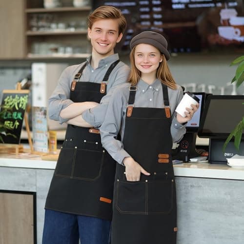 Chef Apron for Men Women with Pockets Adjustable Neck Strap, Heavy Duty Canvas Gardening Apron, Water Repellent Apron for Cooking, Baking, BBQ, Working, Painting (Black) 7