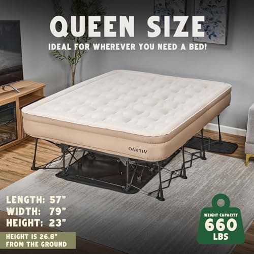 Oaktiv Queen Air Mattress with Frame, Self Inflating/Deflating Blow Up Bed for Adults - PeakRest Camping Cot with Mattress - Portable Queen Size with Travel Rolling Case on Wheels 7