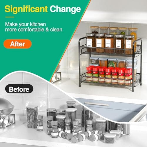 Spice Rack Organizer for Countertop,Xpatee 2-Tier Foldable Metal Rust-Proof Standing Large Seasoning Storage Shelf with Guardrail and Mesh Design for Kitchen Cabinet Bathroom Living Room Pantry, Black 6