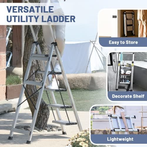 XinSunho 5 Step Ladder, Retractable Handgrip Folding Step Stool with Anti-Slip Wide Pedal, Aluminum Stool Ladders 5 Steps, 330lbs Safety Household Ladder 7