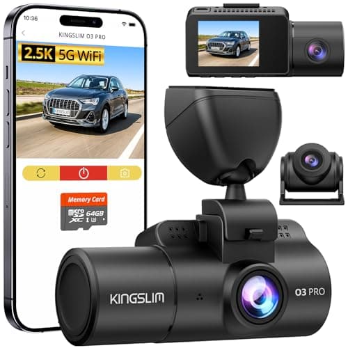 Kingslim 3 Channel 5G WiFi Dash Cam with 64GB Card, 2.5K/1080P Front and Rear Inside Dashcam, 2.5K/1080P/1080P Three Way Dash Camera for Cars Auto IR Night Vision, Loop Recording, APP Control(O3PRO)