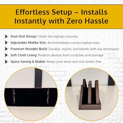 Dual Laptop Holder Vertical Stand 2 Slots Wooden - Dark Brown (Walnut Color) - Vertical Holder for Desk, MacBook Pro & Air, Desktop Organizer Made of Natural Wood, Adjustable Stand for Notebooks 5