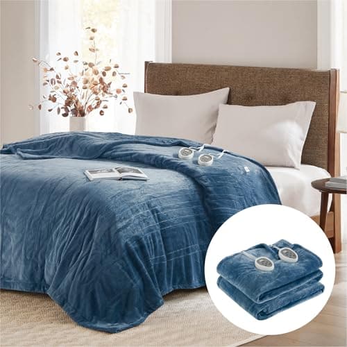 Degrees of Comfort Queen Size Electric Blanket with Dual Control, UL-Certified Heated Blankets, Auto Shut Off, 20 Heating Levels, Machine Washable, Blue, 84Wx90L