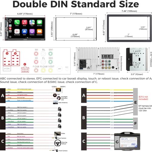 SJoyBring 7" QLED Double Din Car Stereo - Wireless Apple CarPlay & Android Auto, 240W 4.2CHN, SWC, Bluetooth, FM/AM Car Radio, 2 Subwoofers Outputs, Backup Camera 6