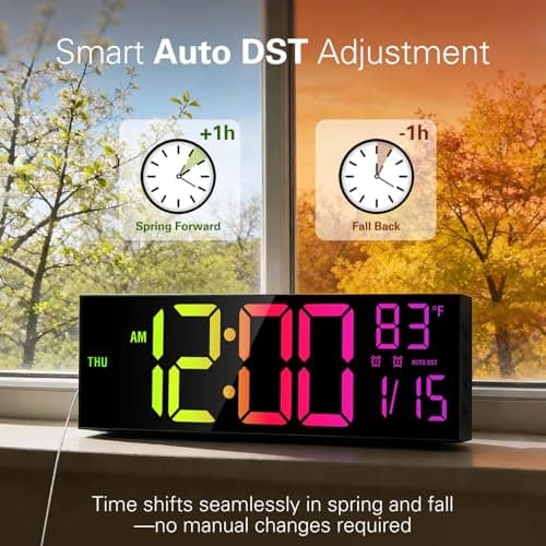 JALL 16.15 inch Large Digital Wall Clock, RGB Lights with Remote Control, Dual Alarms with Big LED Display, Auto DST, C° / F° Temperature for Classroom, Birthday Gift, Senior 6